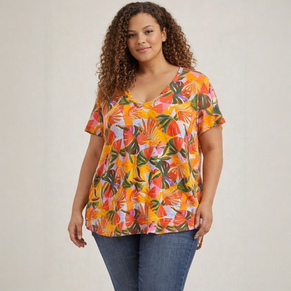 C&C California Tropical Linen Top Size 1X Colorful Palm Leaf Print